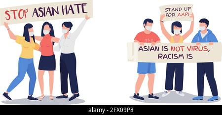 Demonstration against anti-asian violence flat color vector faceless characters Stock Vector