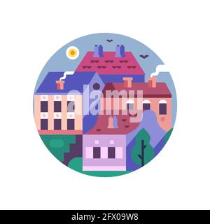 Historical Village with Stone Houses Flat Icon Stock Vector