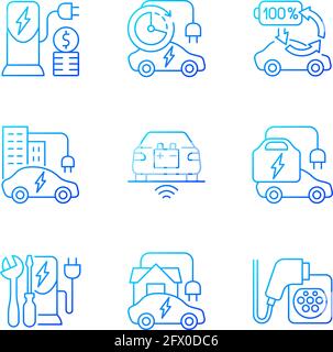 Electric vehicle charging gradient linear vector icons set Stock Vector
