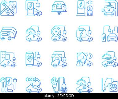 Electric vehicle charging gradient linear vector icons set Stock Vector