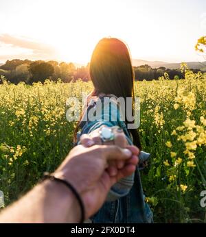 Back view of unrecognizable female holding boyfriend hand while standing on blossoming rapeseed field on sunny weather Stock Photo