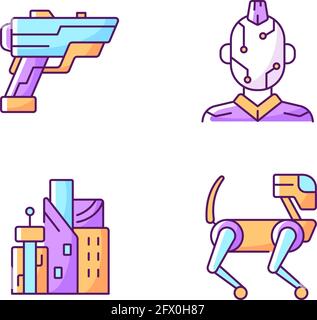 Cyberpunk items RGB color icons set Stock Vector