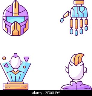 Human body cyberpunk augmentations RGB color icons set Stock Vector