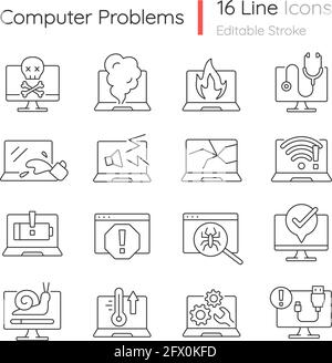 Computer problems linear icons set Stock Vector