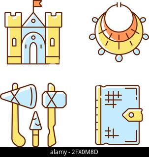 Antiquities excavation RGB color icons set Stock Vector
