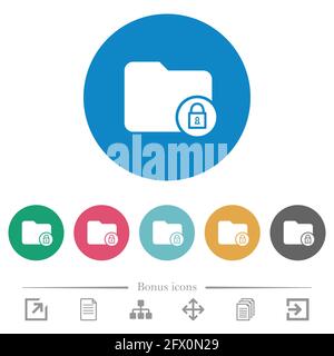 Lock directory flat white icons on round color backgrounds. 6 bonus icons included. Stock Vector