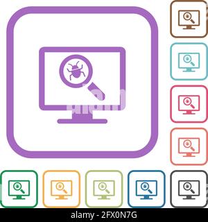 Virus scanning on computer simple icons in color rounded square frames on white background Stock Vector