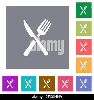 Fork and knife in crossed position flat icons on simple color square backgrounds Stock Vector
