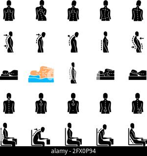 Back and posture problems black glyph icons set on white space Stock Vector