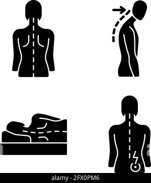 Poor posture problems black glyph icons set on white space Stock Vector