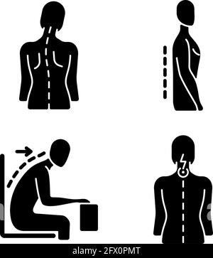 Bad posture problems black glyph icons set on white space Stock Vector