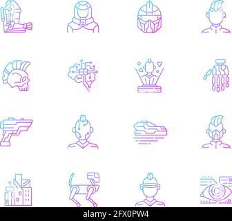 Cyberpunk gradient linear vector icons set Stock Vector