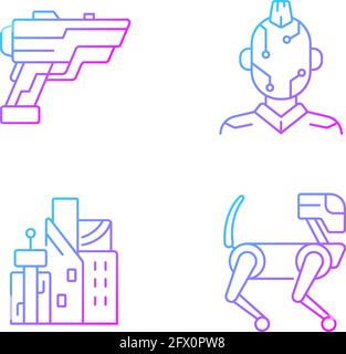 Cyberpunk items gradient linear vector icons set Stock Vector
