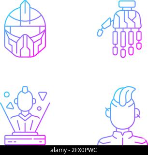 Human body cyberpunk augmentations gradient linear vector icons set Stock Vector