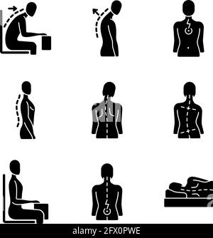 Back and posture problems black glyph icons set on white space Stock Vector