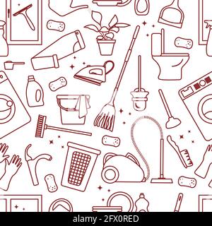 Vector Seamless pattern Illustration Cleaning Maid service Housekeeping Washing machine Mop Watering can Iron Vacuum cleaner Professional hygiene serv Stock Vector