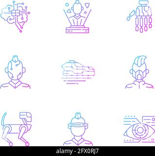 Cyberpunk attributes gradient linear vector icons set Stock Vector
