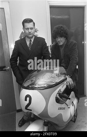 Seated on the motorcycle rider Paul Lodewijks who competed on Jamathi in the World Cup 50cc. Standing is Henk Vink, importer/dealer of Kawasaki motorcycles, April 13, 1970, motorcycles, The Netherlands, 20th century press agency photo, news to remember, documentary, historic photography 1945-1990, visual stories, human history of the Twentieth Century, capturing moments in time Stock Photo