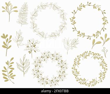 Set of botanical elements and round frames, vector. Individual elements of plants - leaves, flowers and berries, ready-made frames for design. The pla Stock Vector