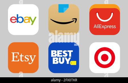 Vinnytsia, Ukraine - May 24, 2021: Popular online trading platforms companies logo. Amazon, Ebay, AliExpress, Best Buy, Walmart, Etsy and Target icons Stock Vector