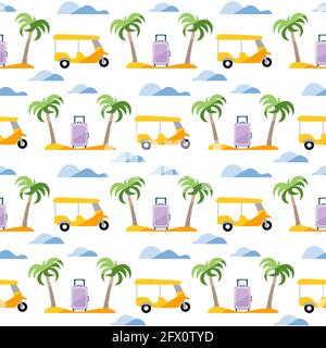 Seamless pattern. Travel vector illustration. Vacation at sea. Summer rest. Holiday. Adventure. Cruise. Tuk-tuk, palm tree, suitcase. Design for print Stock Vector