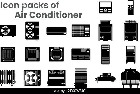 Icon packs of Air conditioners various type as symbol-block-line-outline. Various objects of air conditioners-condensing fan coil indoor outdoor Stock Vector