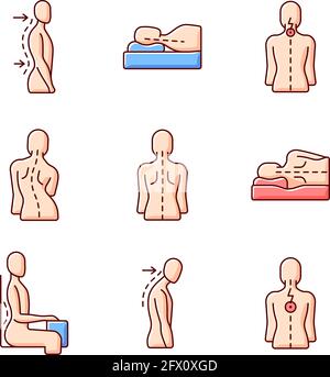 Back and posture problems RGB color icons set Stock Vector