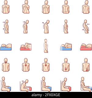 Back and posture problems RGB color icons set Stock Vector