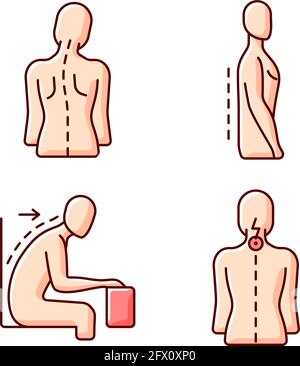Bad posture problems RGB color icons set Stock Vector