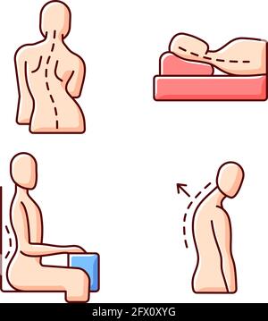 Poor posture problems RGB color icons set Stock Vector