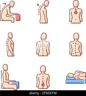 Back and posture problems RGB color icons set Stock Vector