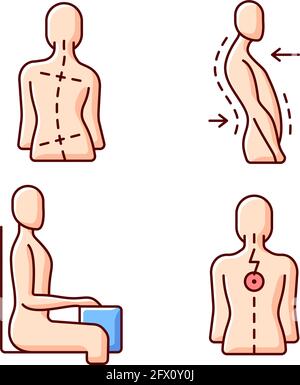 Bad posture problems RGB color icons set Stock Vector
