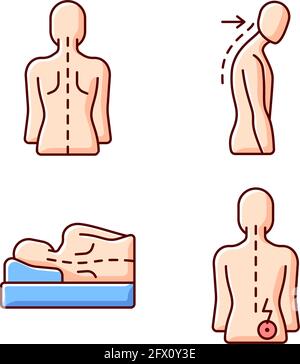Poor posture problems RGB color icons set Stock Vector