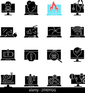 Computer problems black glyph icons set on white space Stock Vector
