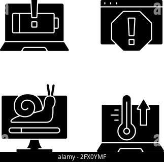 Computer errors black glyph icons set on white space Stock Vector