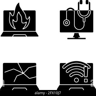 Computer issues black glyph icons set on white space Stock Vector