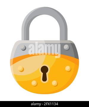 Classic golden padlock. Vintage object in cartoon style. Stock Vector