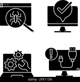 Computer diagnostics black glyph icons set on white space Stock Vector