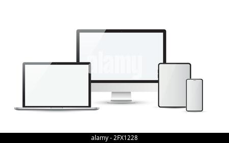 Devices in realistic trendy design on transparent background. Set of computer laptop tablet and smartphone with empty screens. Mock up. Stock Vector