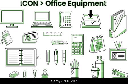 Icon sets of stationery and office equipment as flat design outline cut out line silhouette illustration vector Stock Vector