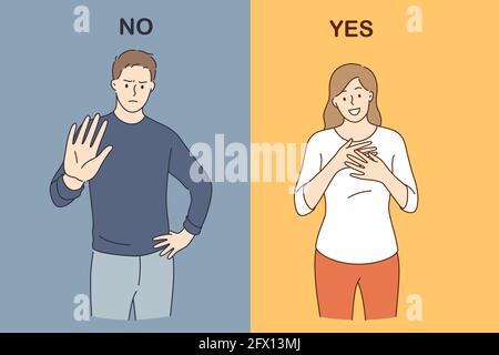 Contrast emotions and reactions concept. Impressed young woman feeling happy and expressing yes position while angry frustrated man standing and expressing no position  Stock Vector