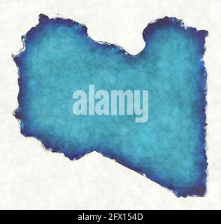 Libya map with drawn lines and blue watercolor illustration Stock Photo
