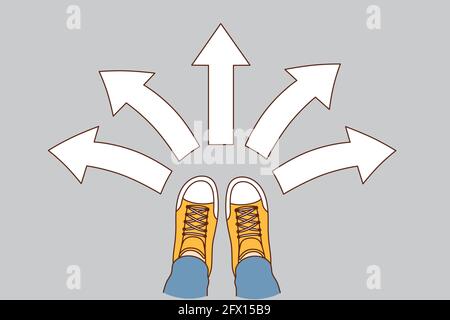 Choice and decision concept. Human foot in sneakers standing with arrows in various directions around meaning variety of choice and directions vector illustration  Stock Vector