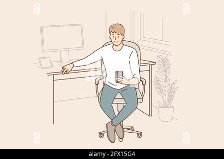 Modern technologies and working in office concept. Young positive man worker cartoon character sitting at laptop and holding smartphone in hand in office vector illustration  Stock Vector