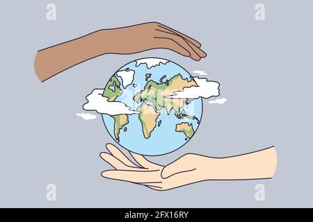 Environment saving, traveling, protecting earth concept. Two human hands holding planet Earth taking care of nature and ecology, supporting ecology vector illustration  Stock Vector