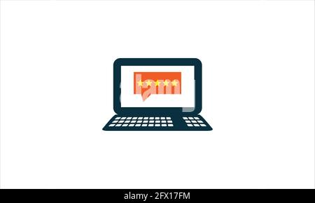 feedback  five star review online on laptop.  shopping and feedback five orange stars flat vector illustration icon logo Stock Vector