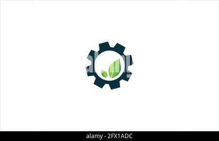 Combination of gear and green leaf logo icon illustration or echo engine setting gear icon logo template vector Stock Vector