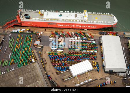 Aerial view of Wallenius WilhelmsenÕs ship, Talisman, at SouthamptonÕs Eastern Docks. Hampshire.  Picture date: Sunday May 16, 2021. Photograph by Chr Stock Photo