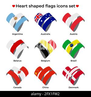 Heart shaped flags icons set. Icon flag from Ribbon curls. Vector icon, symbol, button. Illustration in flat style Stock Vector