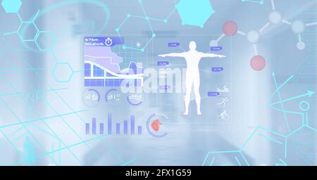 Composition of screen with medical data and icons over smiling male and ...